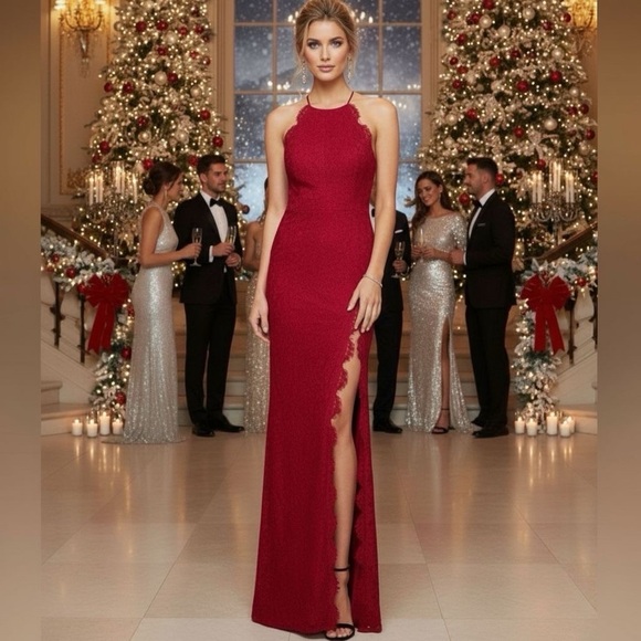 FAME AND PARTNERS RED LACE HALTER MAXI GOWN SLEEVELESS OPEN BACK FRONT S… - Picture 14 of 14